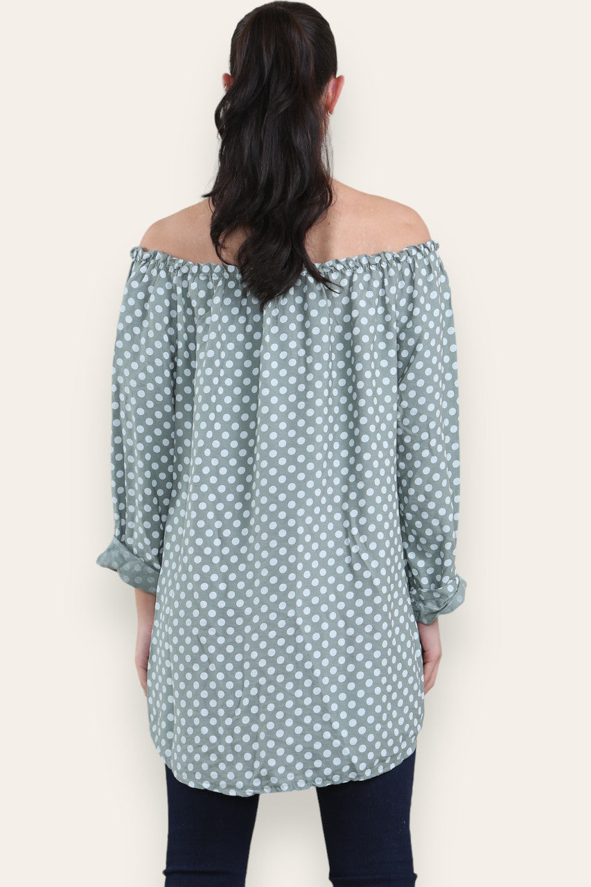 POLKA DOT BUTTON FRONT BARDOT TOP KHAKI