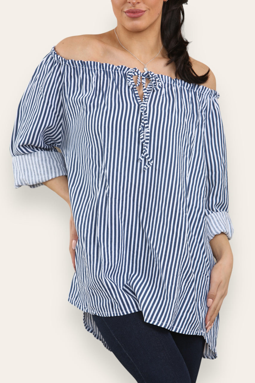 STRIPE TIE FRONT BARDOT TOP WHITE