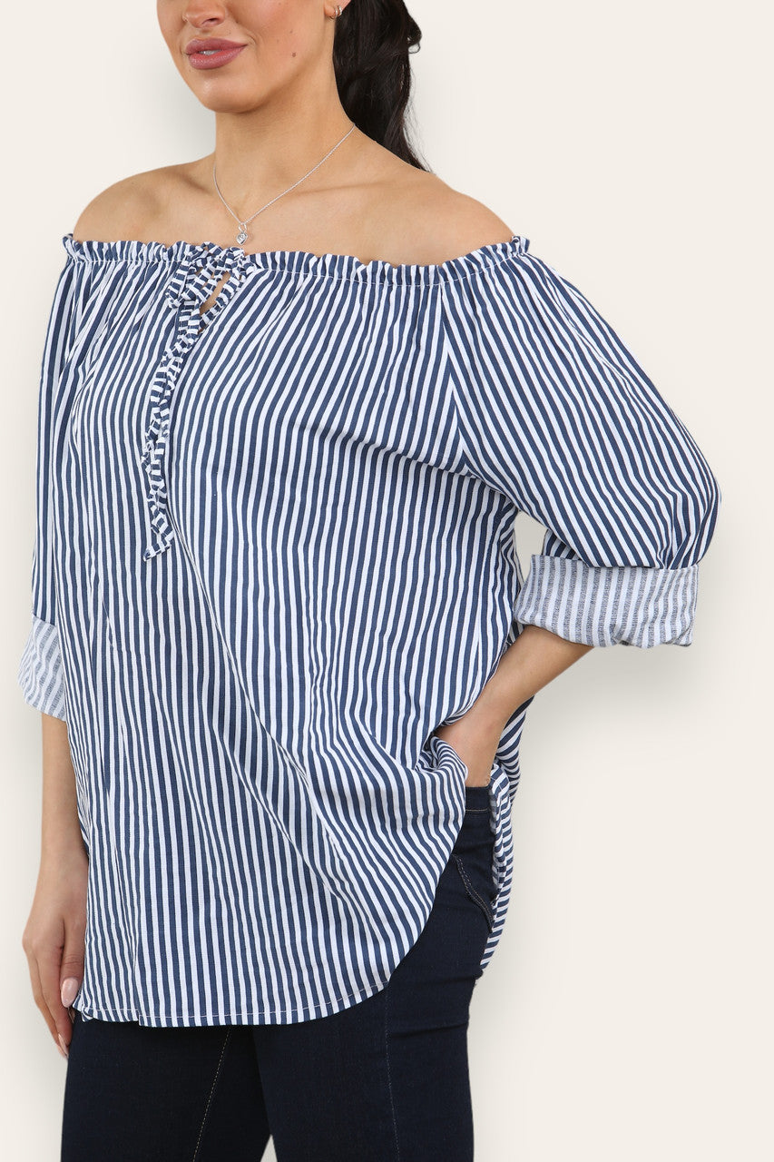 STRIPE TIE FRONT BARDOT TOP WHITE