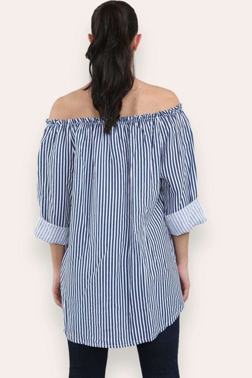 STRIPE TIE FRONT BARDOT TOP WHITE