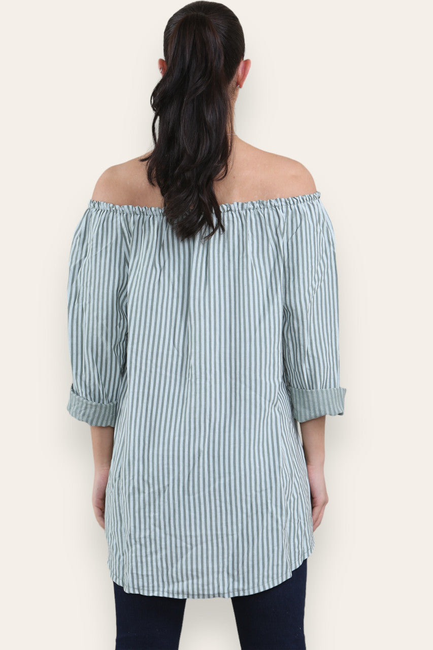 STRIPE TIE FRONT BARDOT TOP KHAKI