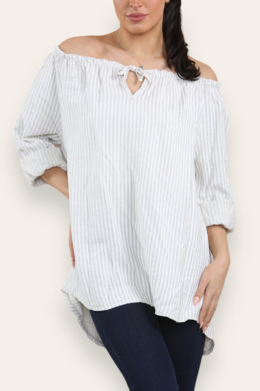 GESTREEPT BARDOT TOP MET STRIKSLUITING STEENKLEURIG