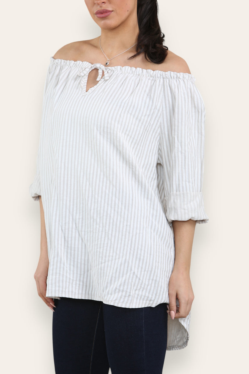 GESTREEPT BARDOT TOP MET STRIKSLUITING STEENKLEURIG