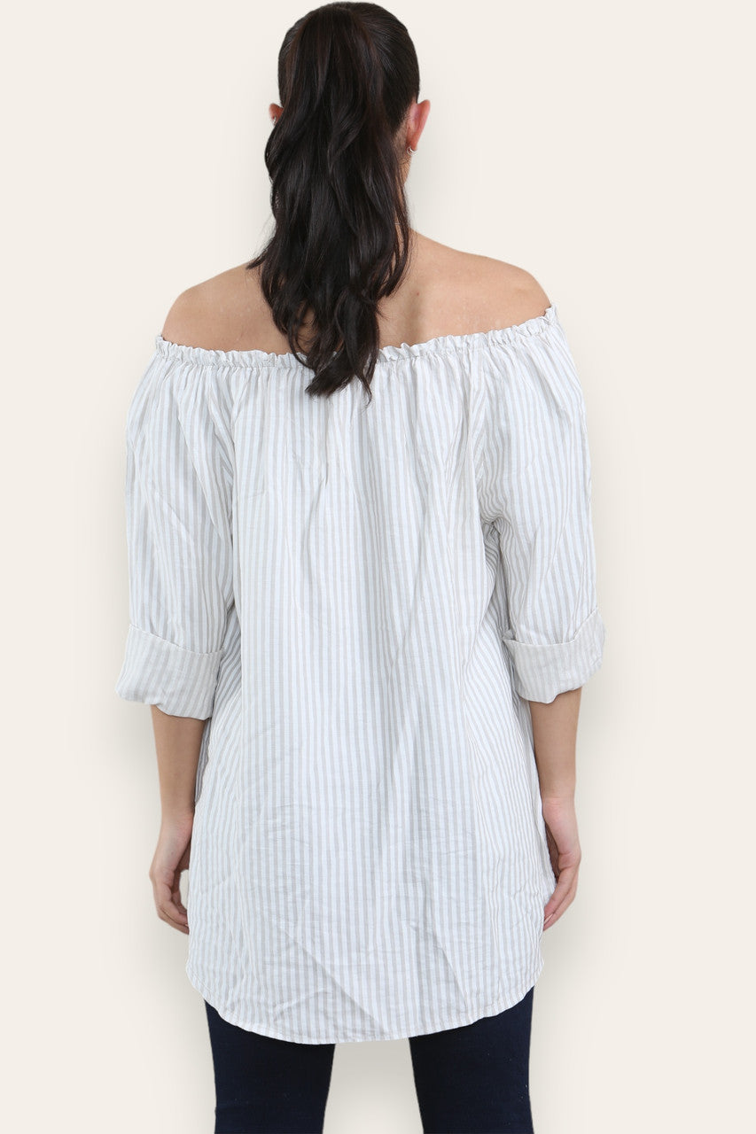 GESTREEPT BARDOT TOP MET STRIKSLUITING STEENKLEURIG