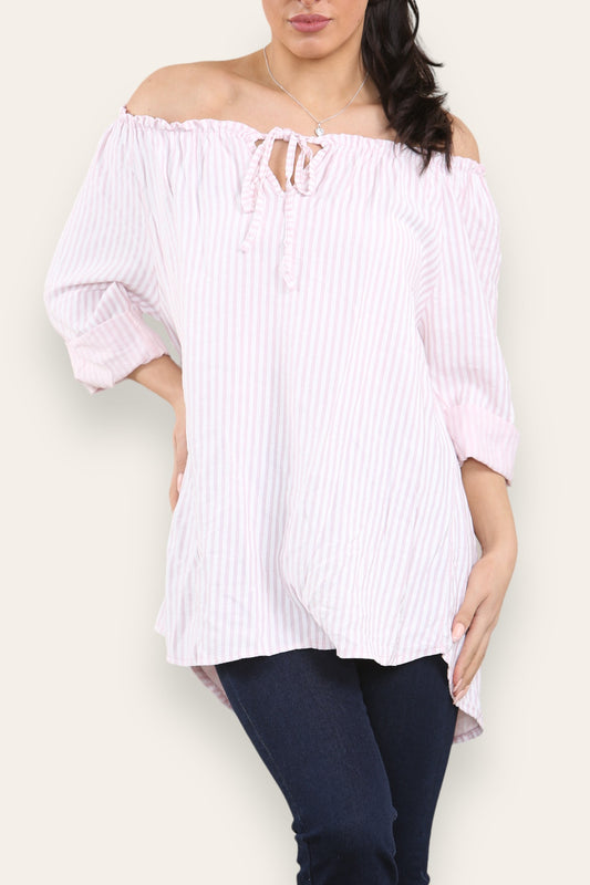 Gestreepte Bardot Top met Strikceintuur Oudroze