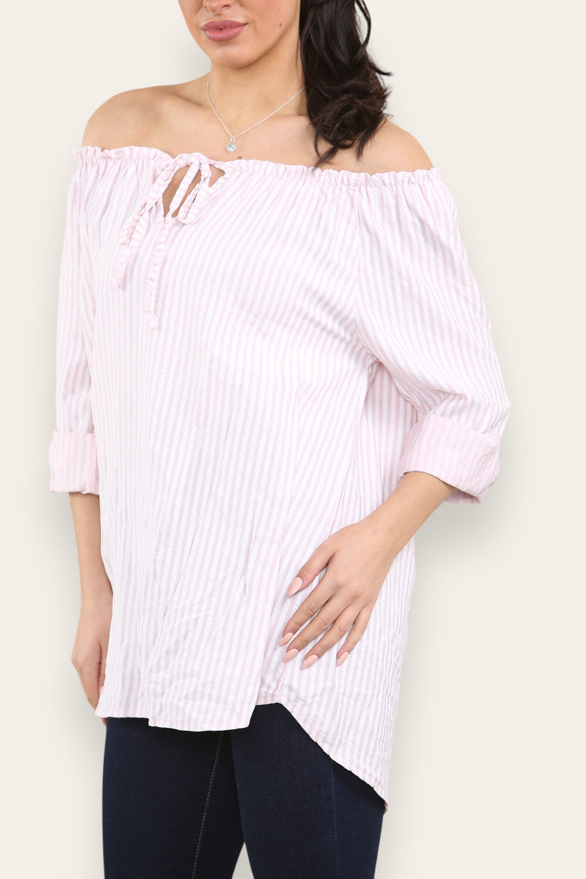Gestreepte Bardot Top met Strikceintuur Oudroze