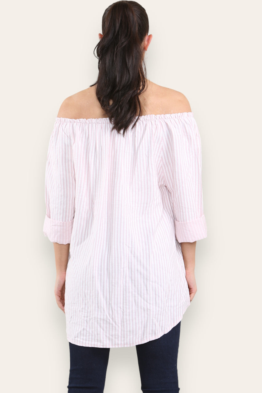 Gestreepte Bardot Top met Strikceintuur Oudroze