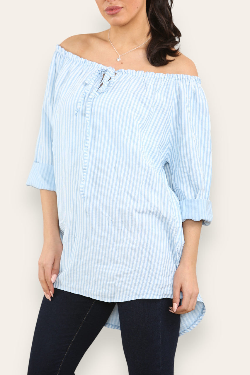 STRIPE TIE FRONT BARDOT TOP LIGHT BLUE