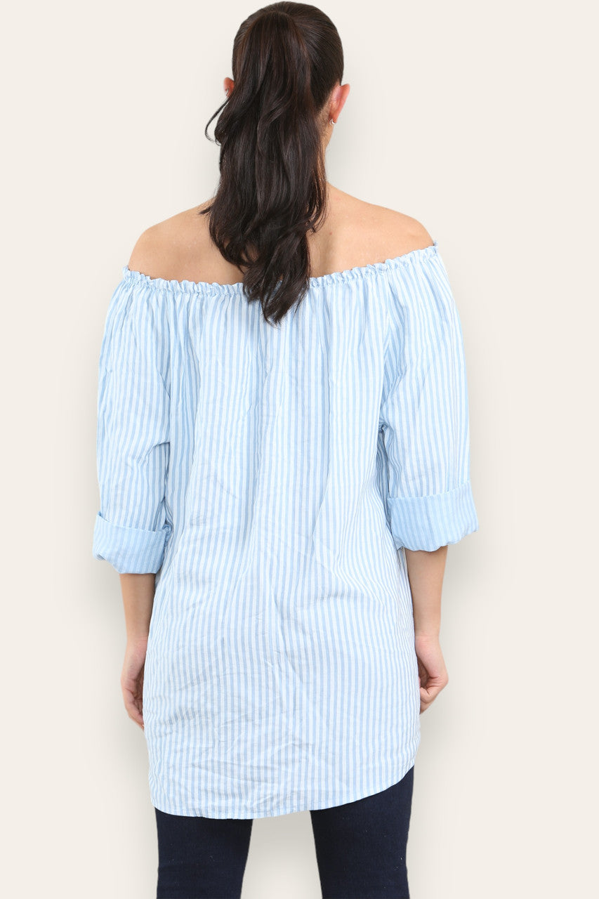 STRIPE TIE FRONT BARDOT TOP LIGHT BLUE