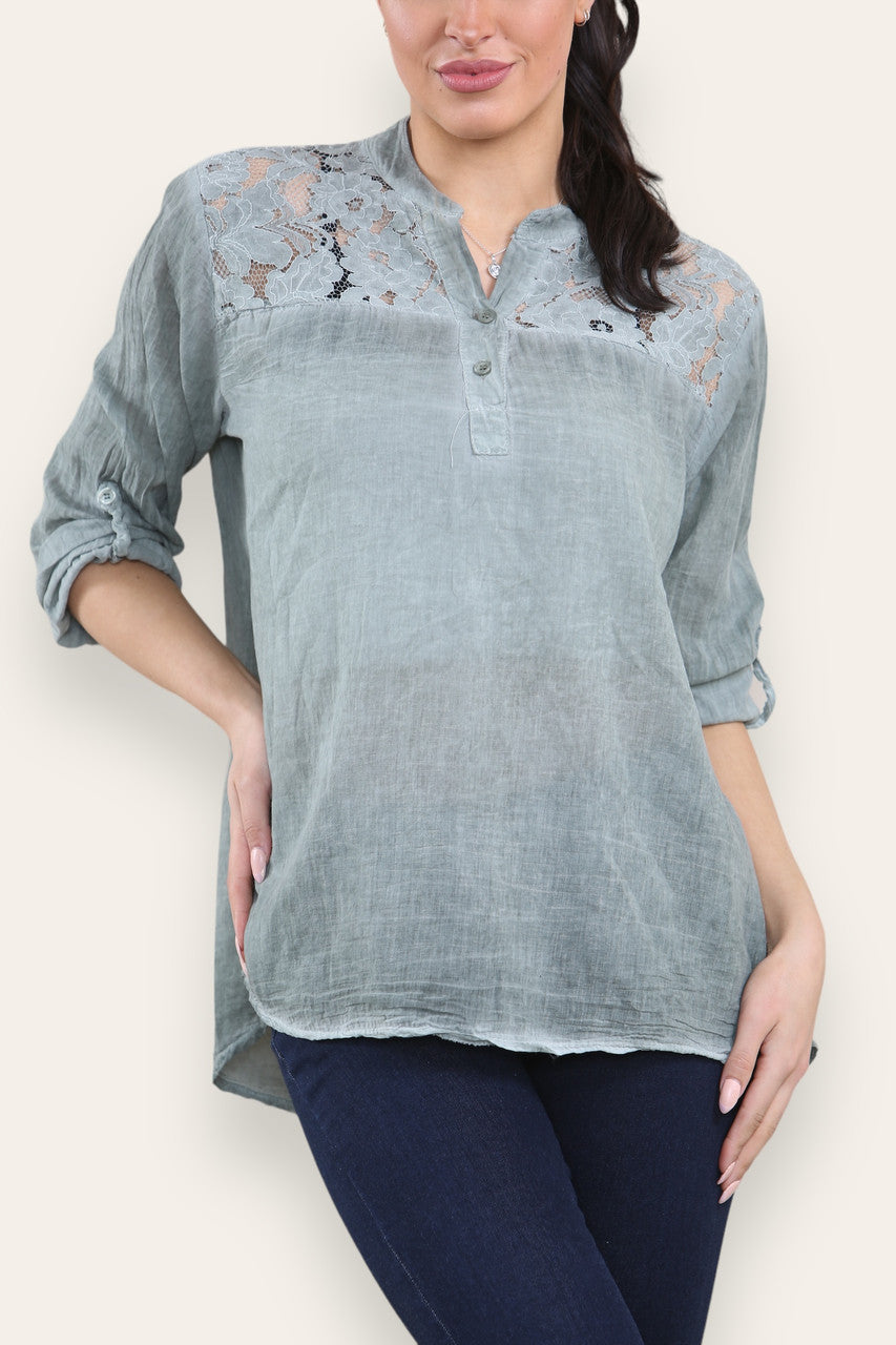 LACE SHOULDER DETAIL GRANDAD SHRIT KHAKI
