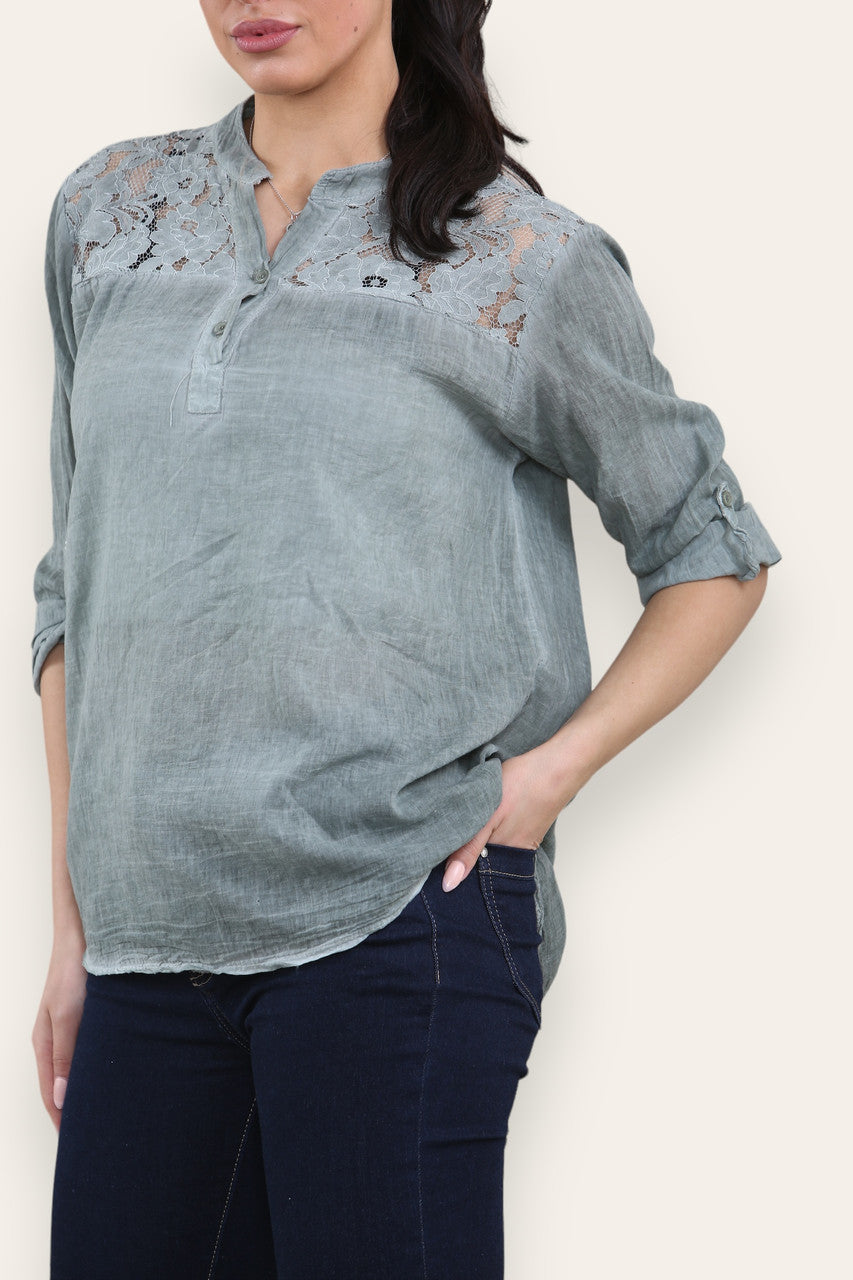 LACE SHOULDER DETAIL GRANDAD SHRIT KHAKI