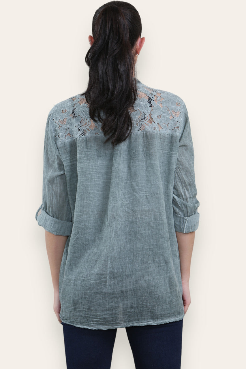 LACE SHOULDER DETAIL GRANDAD SHRIT KHAKI