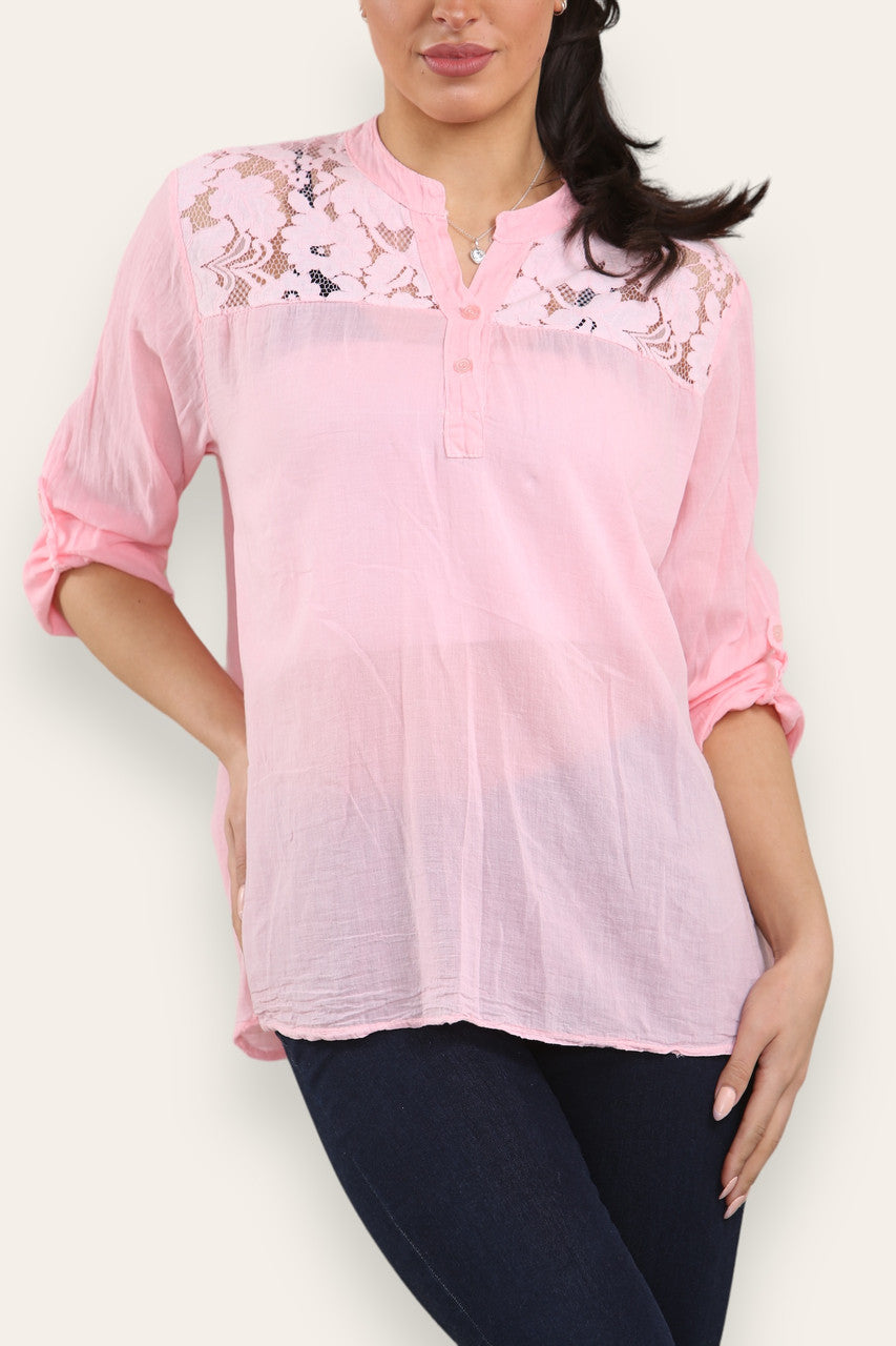 LACE SHOULDER DETAIL GRANDAD SHRIT PINK