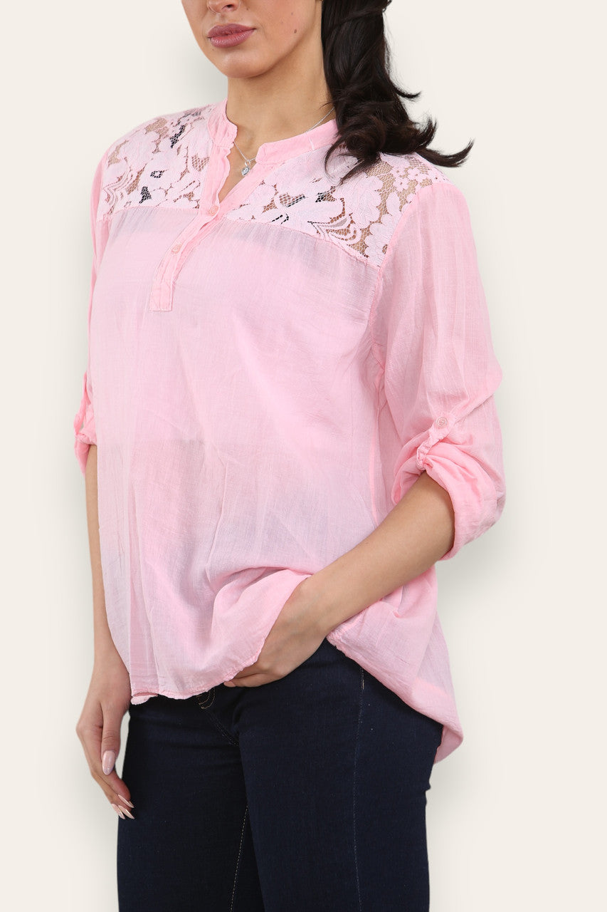 LACE SHOULDER DETAIL GRANDAD SHRIT PINK