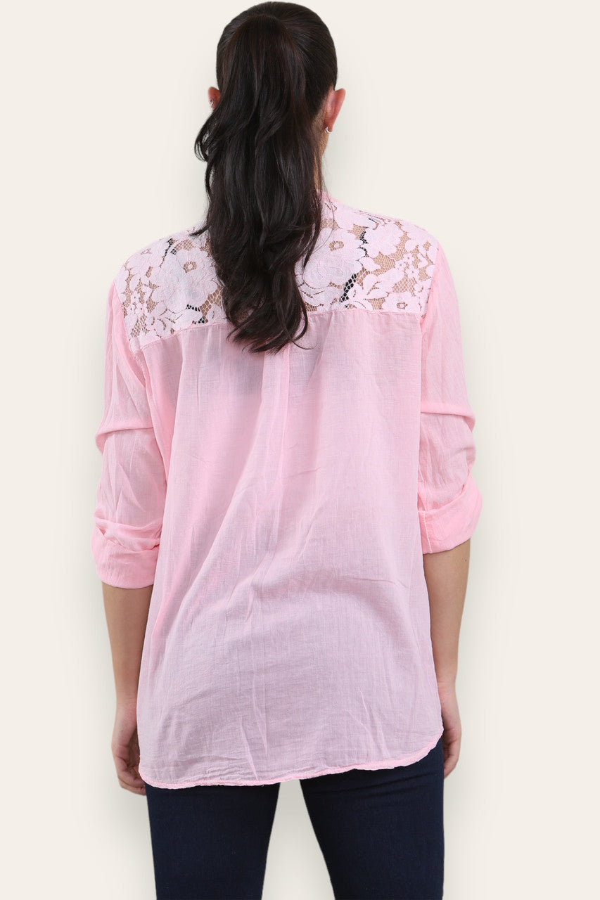 LACE SHOULDER DETAIL GRANDAD SHRIT PINK