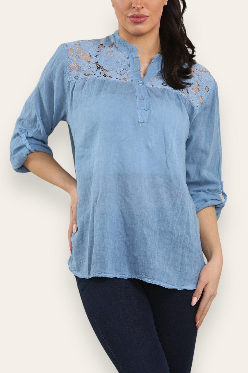 LACE SHOULDER DETAIL GRANDAD SHRIT DENIM