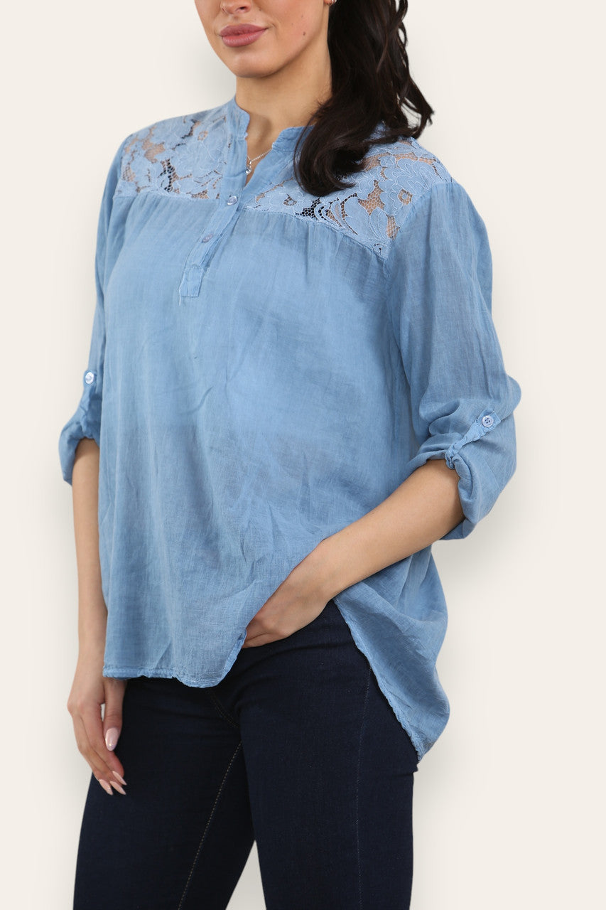 LACE SHOULDER DETAIL GRANDAD SHRIT DENIM