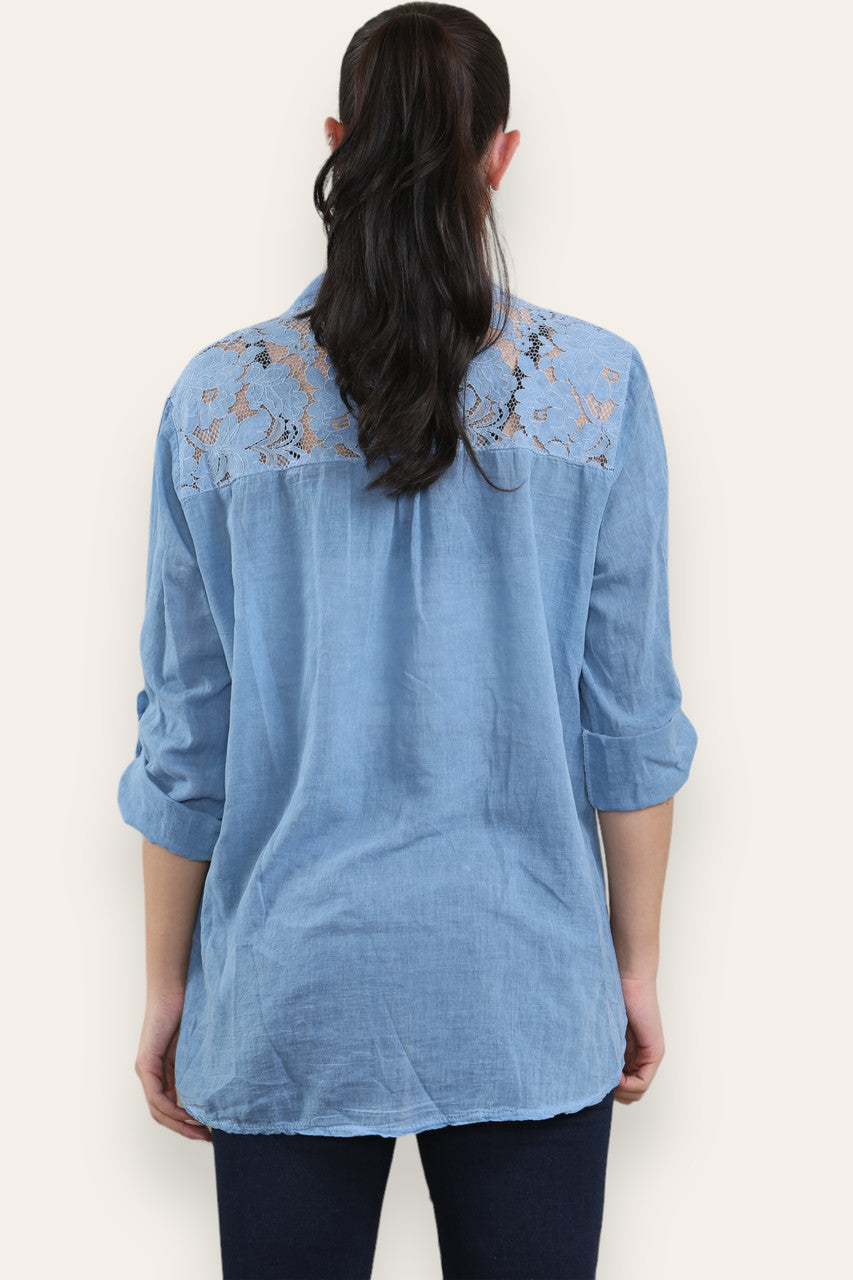 LACE SHOULDER DETAIL GRANDAD SHRIT DENIM