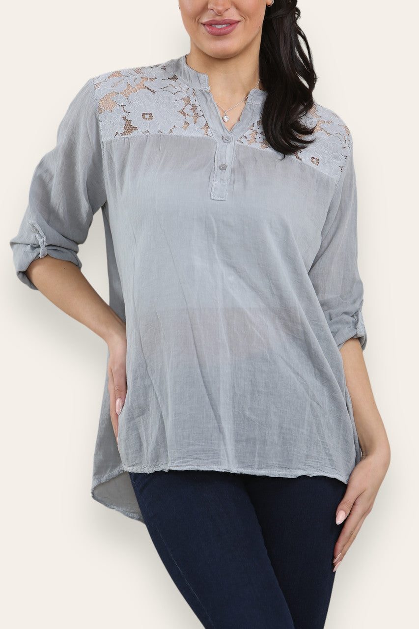 LACE SHOULDER DETAIL GRANDAD SHRIT GREY