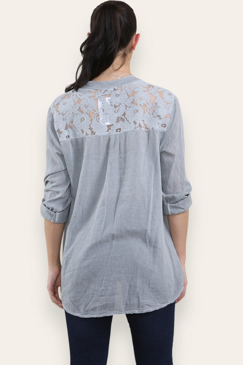 LACE SHOULDER DETAIL GRANDAD SHRIT GREY