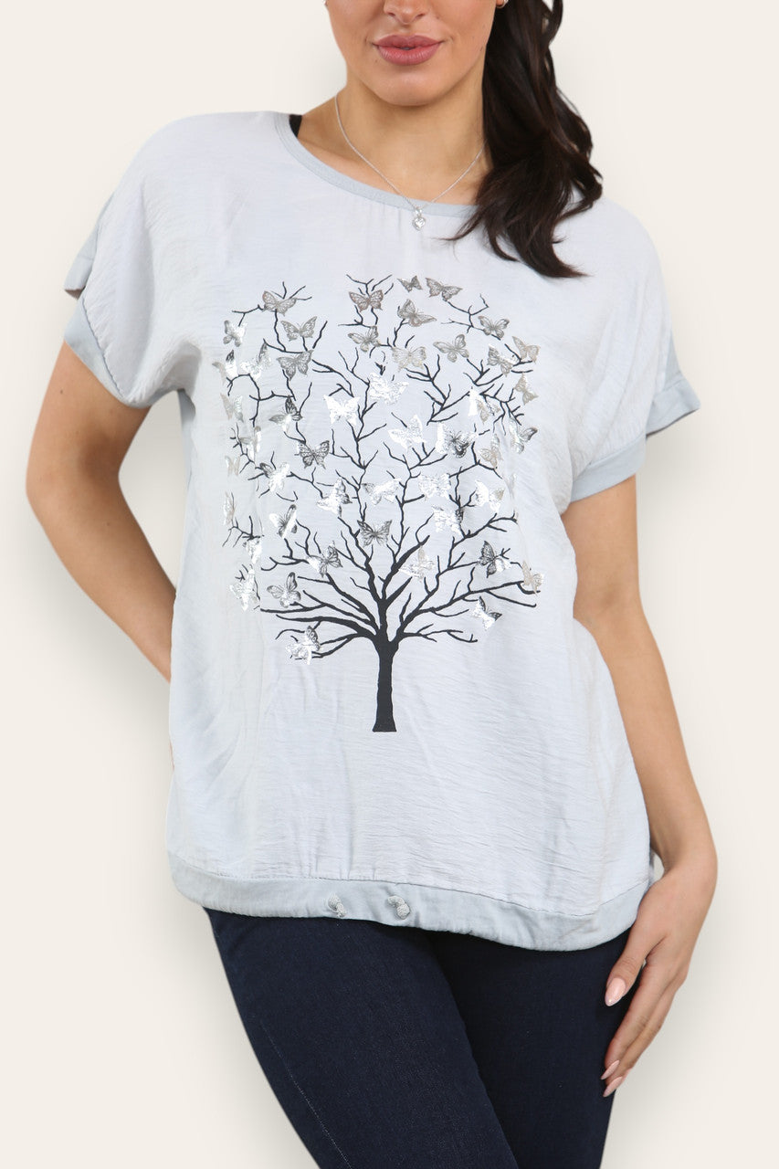BUTTERFLY TREE FOLIEPRINT TOP ZILVER