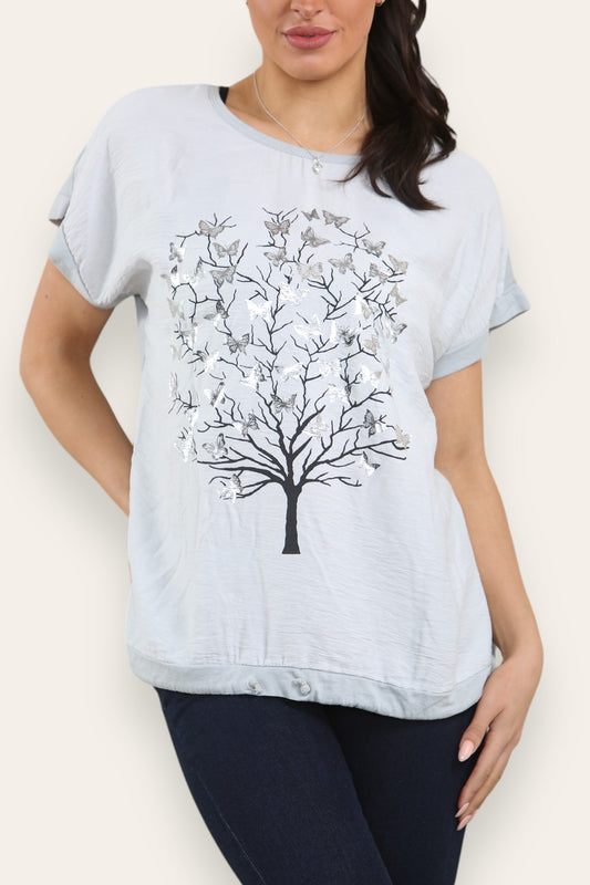 BUTTERFLY TREE FOIL GRAPHIC TOP SILVER