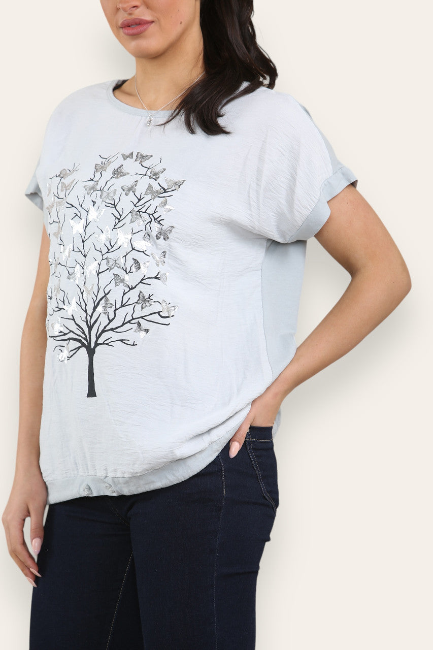 BUTTERFLY TREE FOLIEPRINT TOP ZILVER