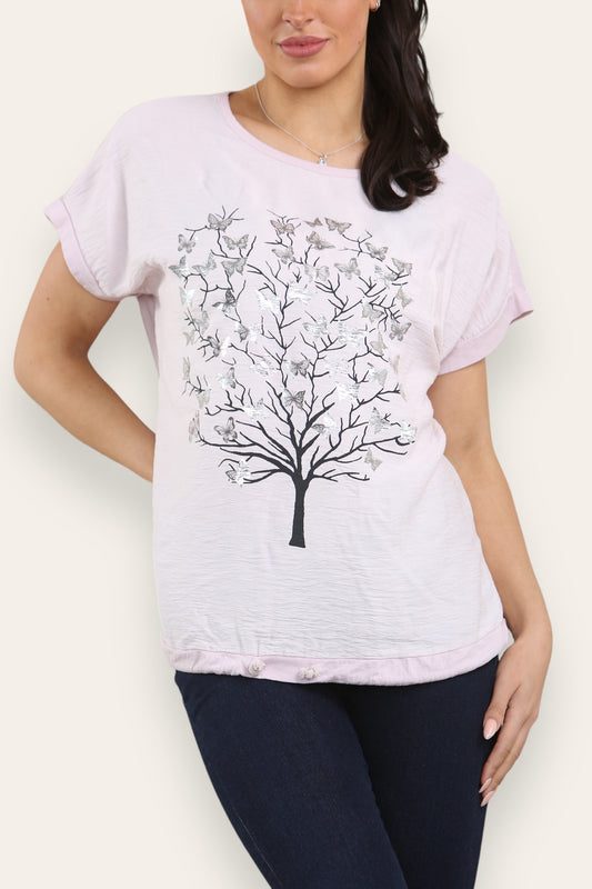 BUTTERFLY TREE FOIL GRAPHIC TOP DUSTY PINK