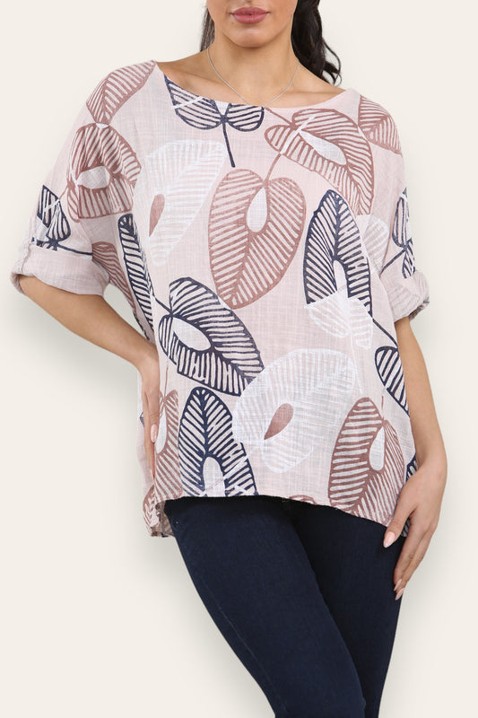 ABSTRACT LEAF PRINT TOP DUSTY PINK