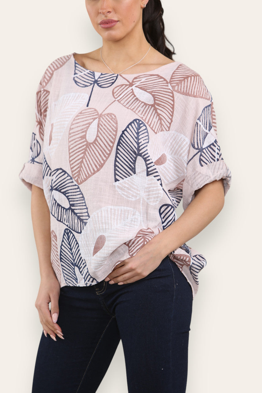 ABSTRACT LEAF PRINT TOP DUSTY PINK