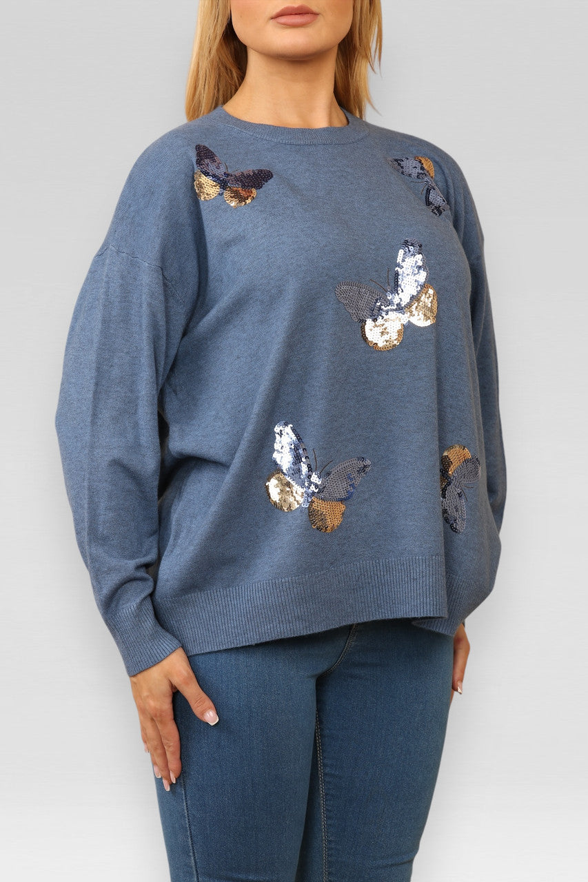 PAILLETTEN VLIENDER GEBREIDE TRUI DENIM