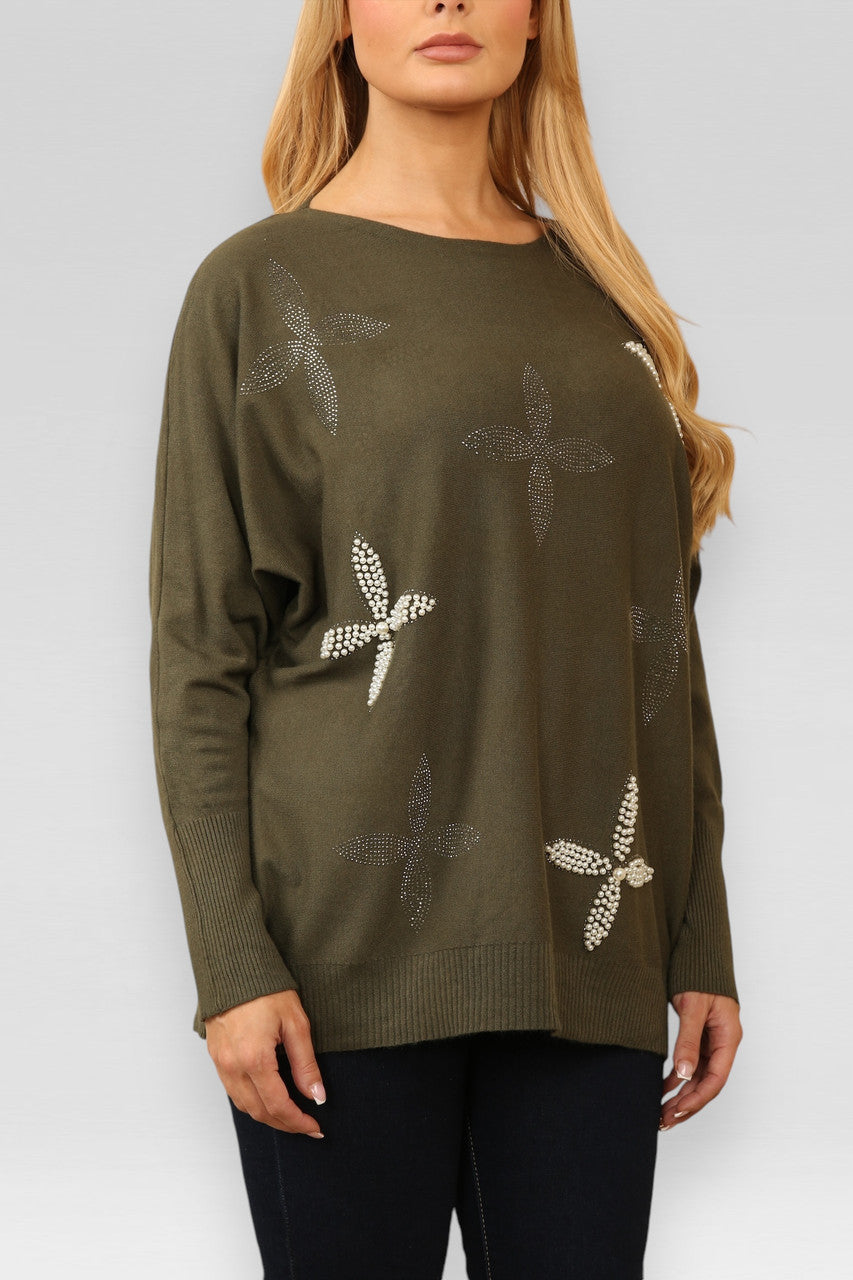 GEBREIDE TRUI MET PAREL EN DIAMANT BLOEMEN - KAKI