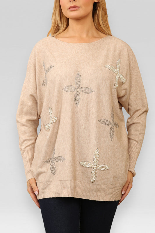PEARL DIAMANTE FLOWERS KNITTED JUMPER BEIGE