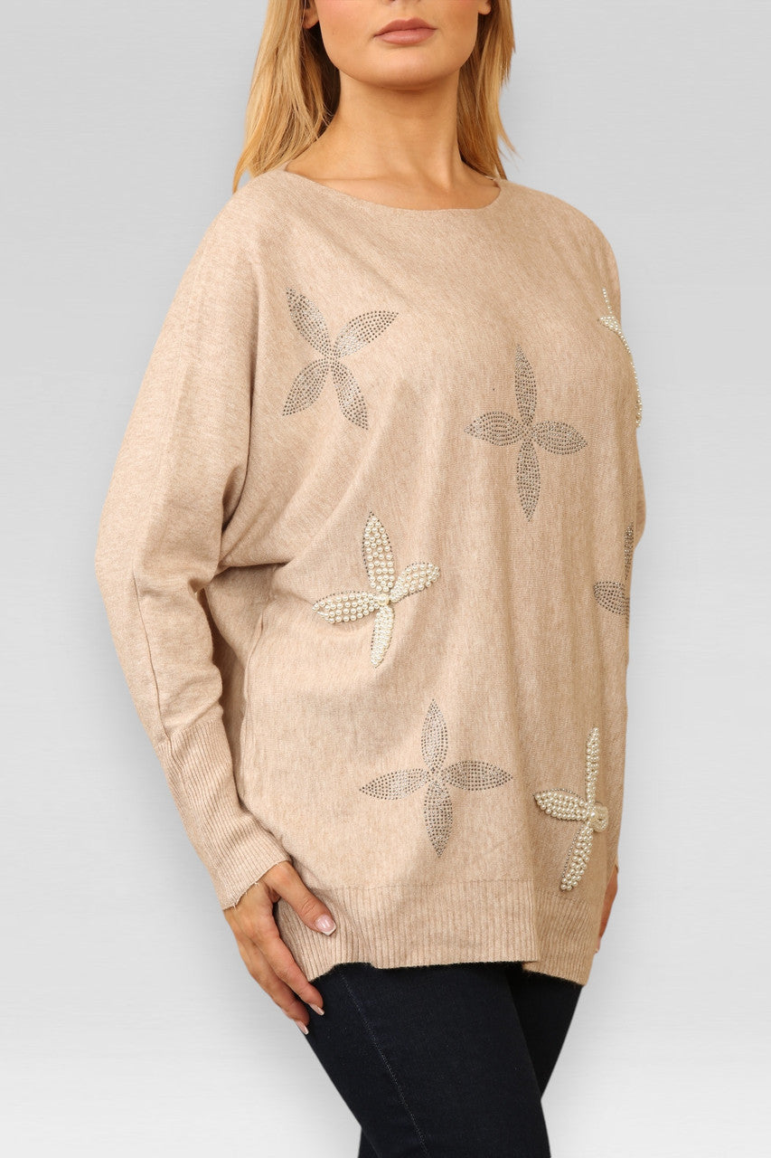 PAREL DIAMANTE BLOEMEN GEBREIDE TRUI BEIGE