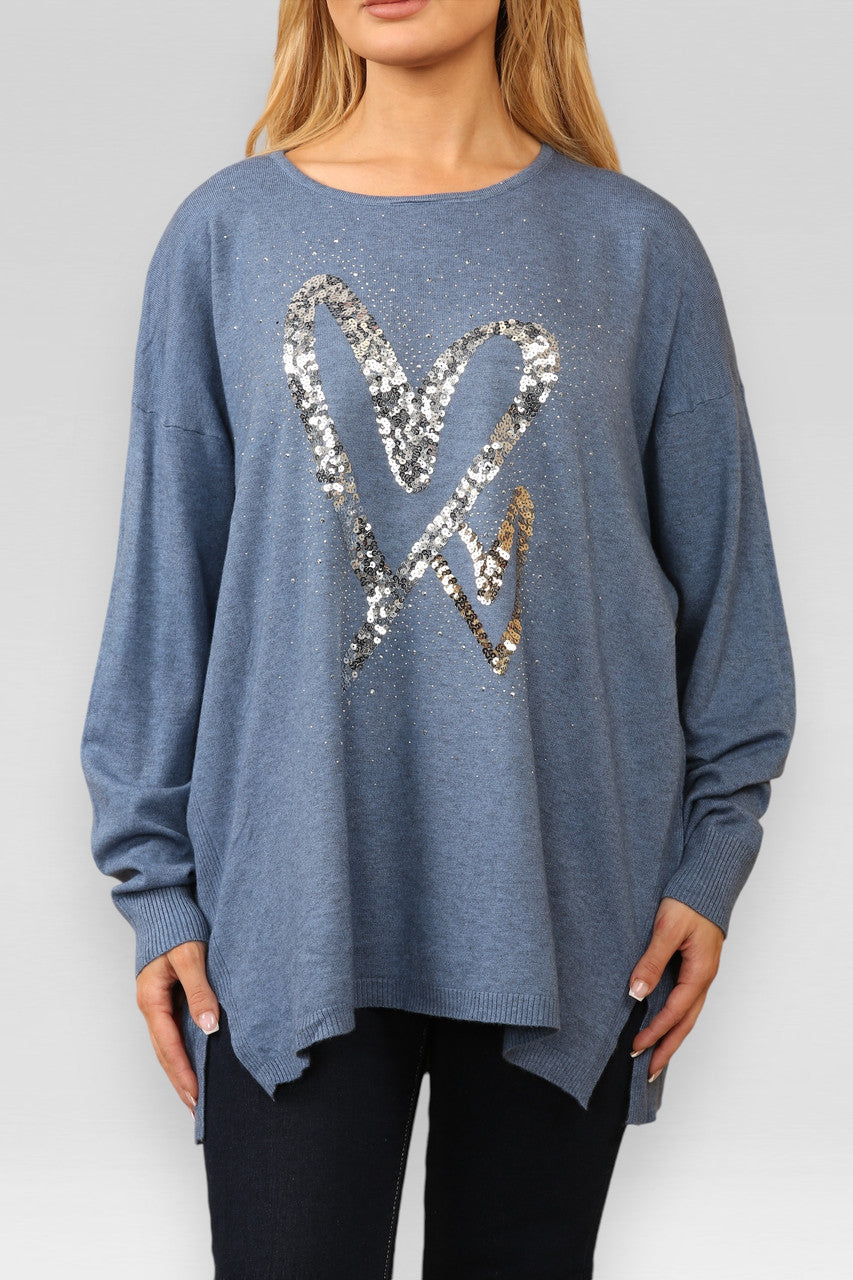 PAILLETTEN HARTEN GEBREIDE TRUI DENIM