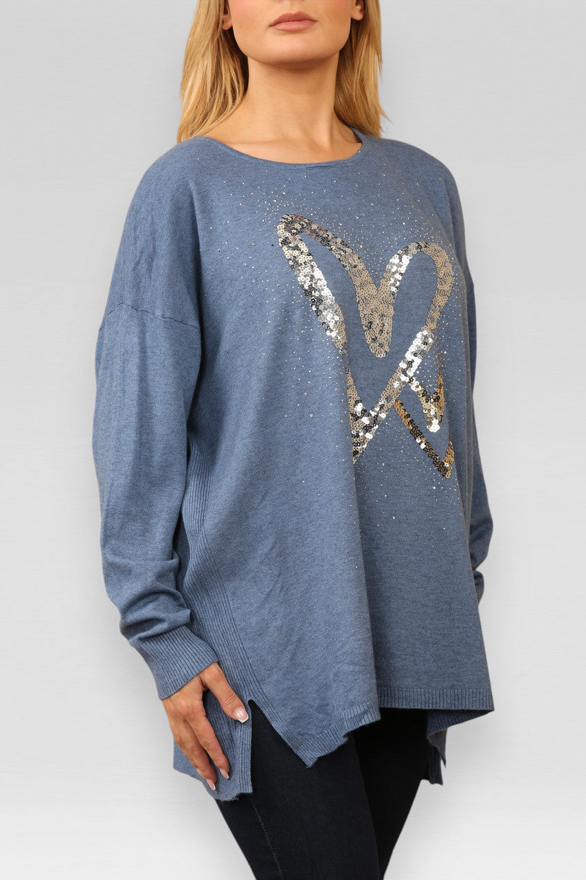 PAILLETTEN HARTEN GEBREIDE TRUI DENIM