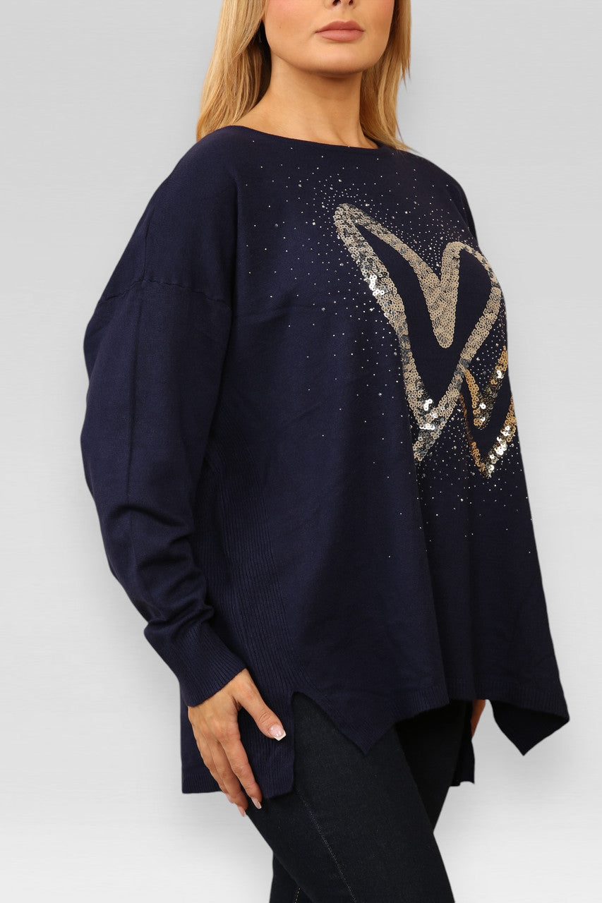 PAILLETTEN HARTEN GEBREIDE TRUI NAVY