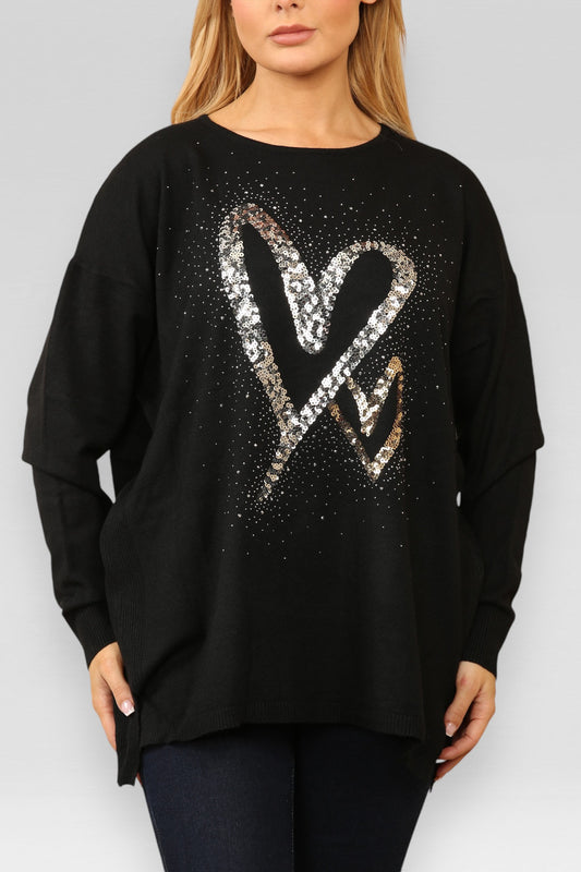 SEQUIN HEARTS KNITTED JUMPER BLACK