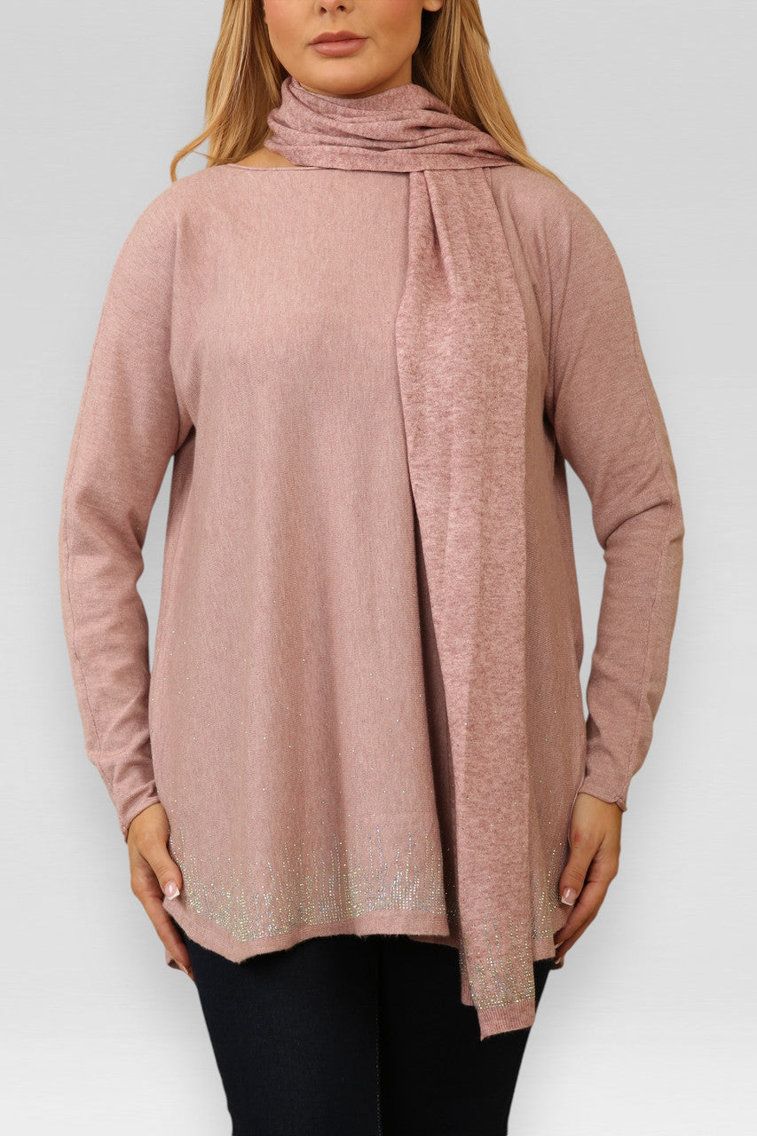 DIAMANTEN GLITTER TRUI MET BIJPASSENDE SJAAL ROZE