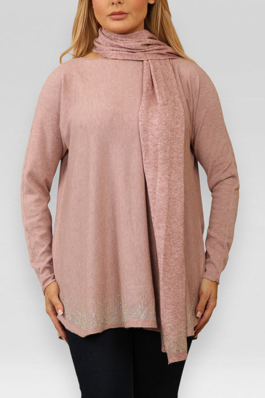 DIAMANTEN GLITTER TRUI MET BIJPASSENDE SJAAL ROZE