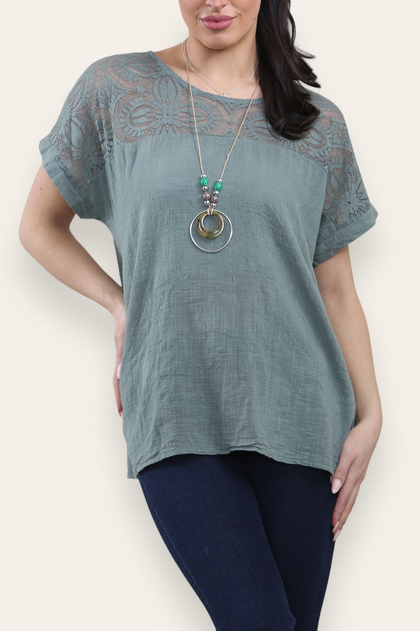 CROCHET LACE SHOULDER DETAIL TOP - KHAKI