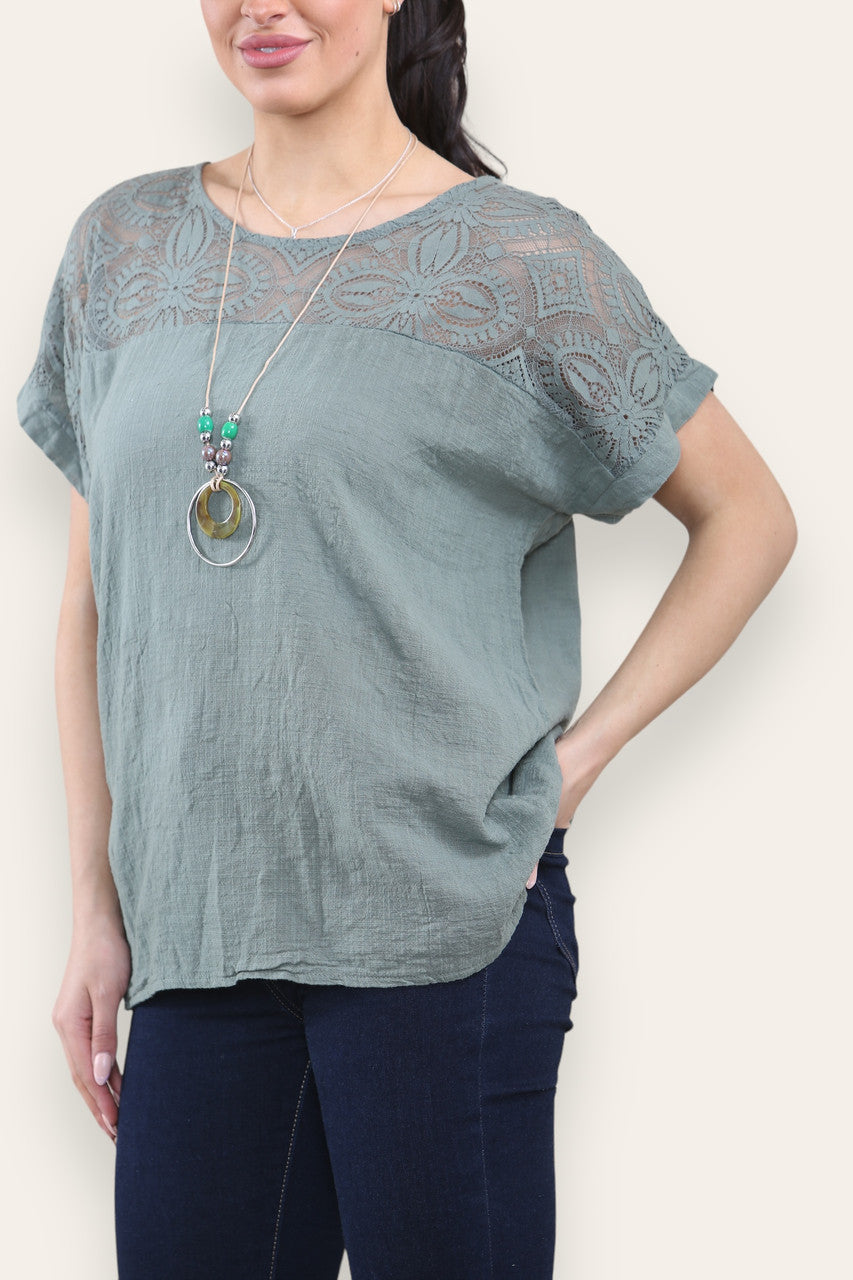 CROCHET LACE SHOULDER DETAIL TOP - KHAKI