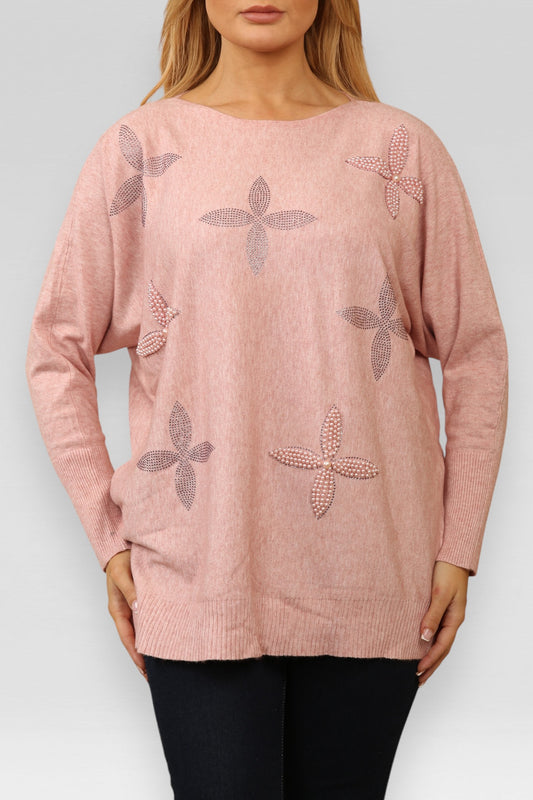 PEARL DIAMANTE FLOWERS KNITTED JUMPER PINK