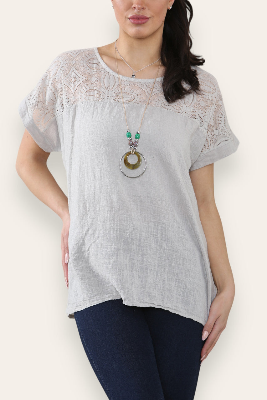 CROCHET LACE SHOULDER DETAIL TOP - STONE