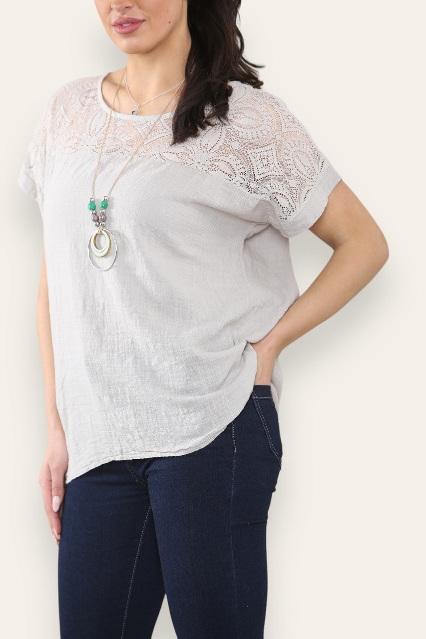 CROCHET LACE SHOULDER DETAIL TOP - STONE