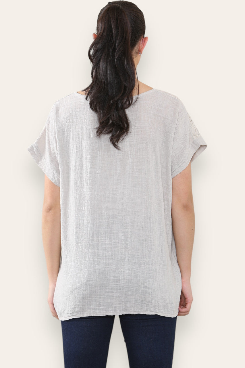 CROCHET LACE SHOULDER DETAIL TOP - STONE
