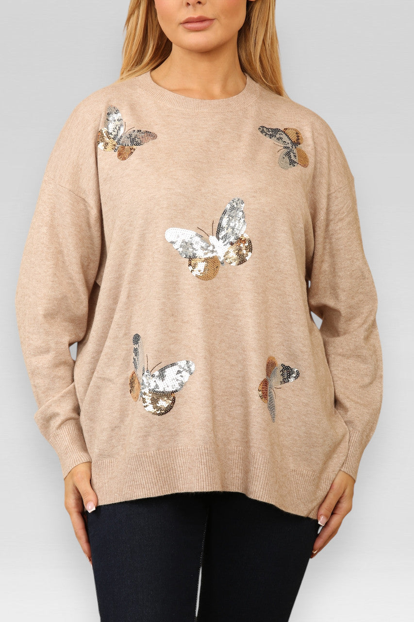 GEBREIDE TRUI MET PAILLETTEN VLINDER BEIGE