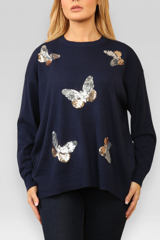 GEBREIDE TRUI MET PAILLETTENVLINDER NAVY