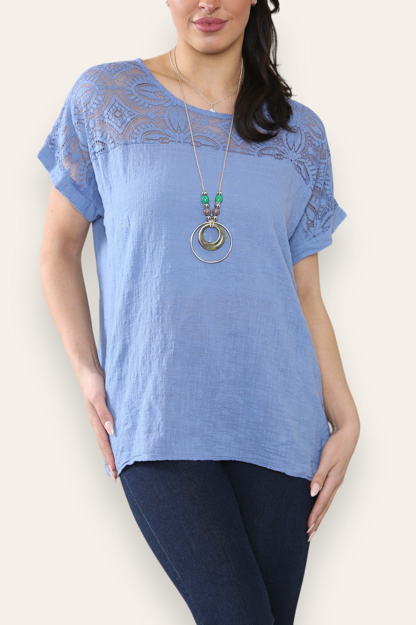 CROCHET LACE SHOULDER DETAIL TOP - DENIM