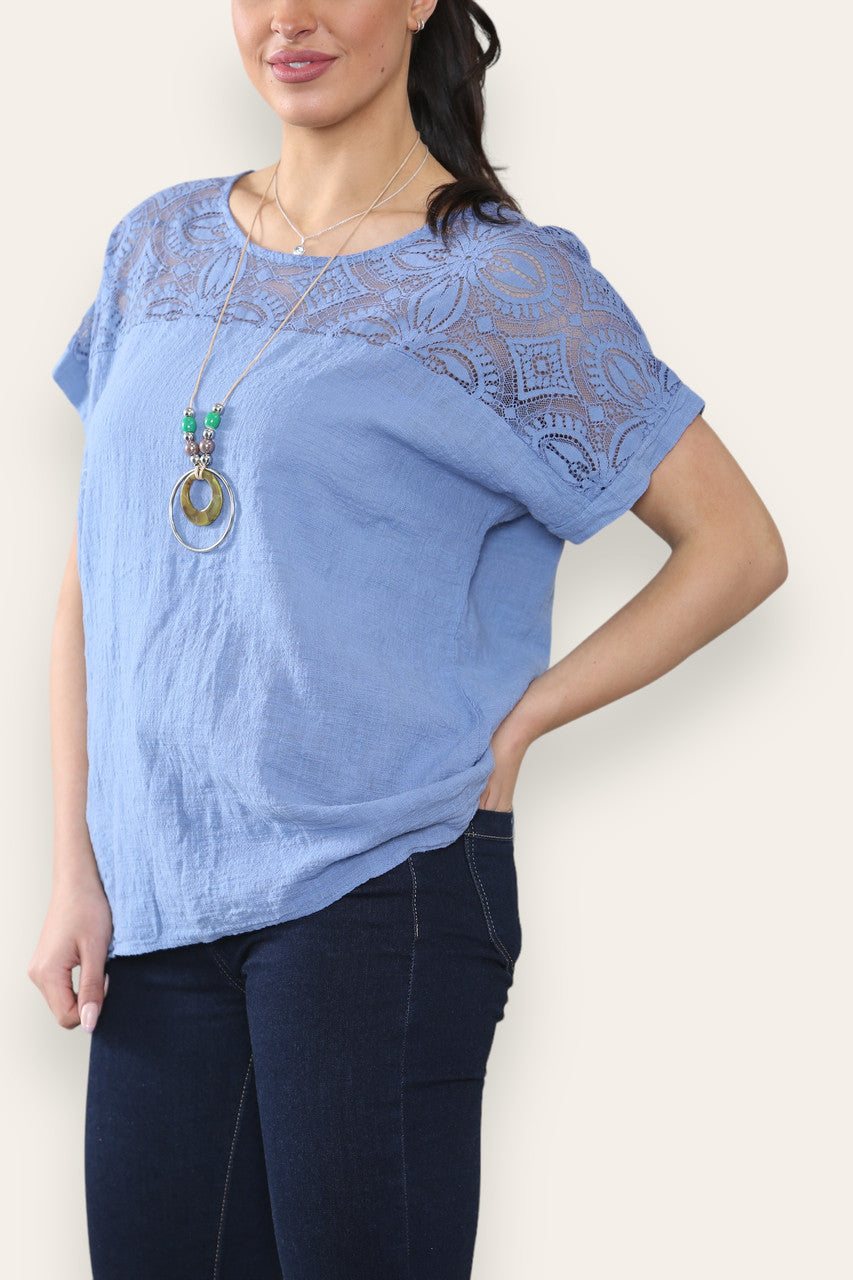 CROCHET LACE SHOULDER DETAIL TOP - DENIM